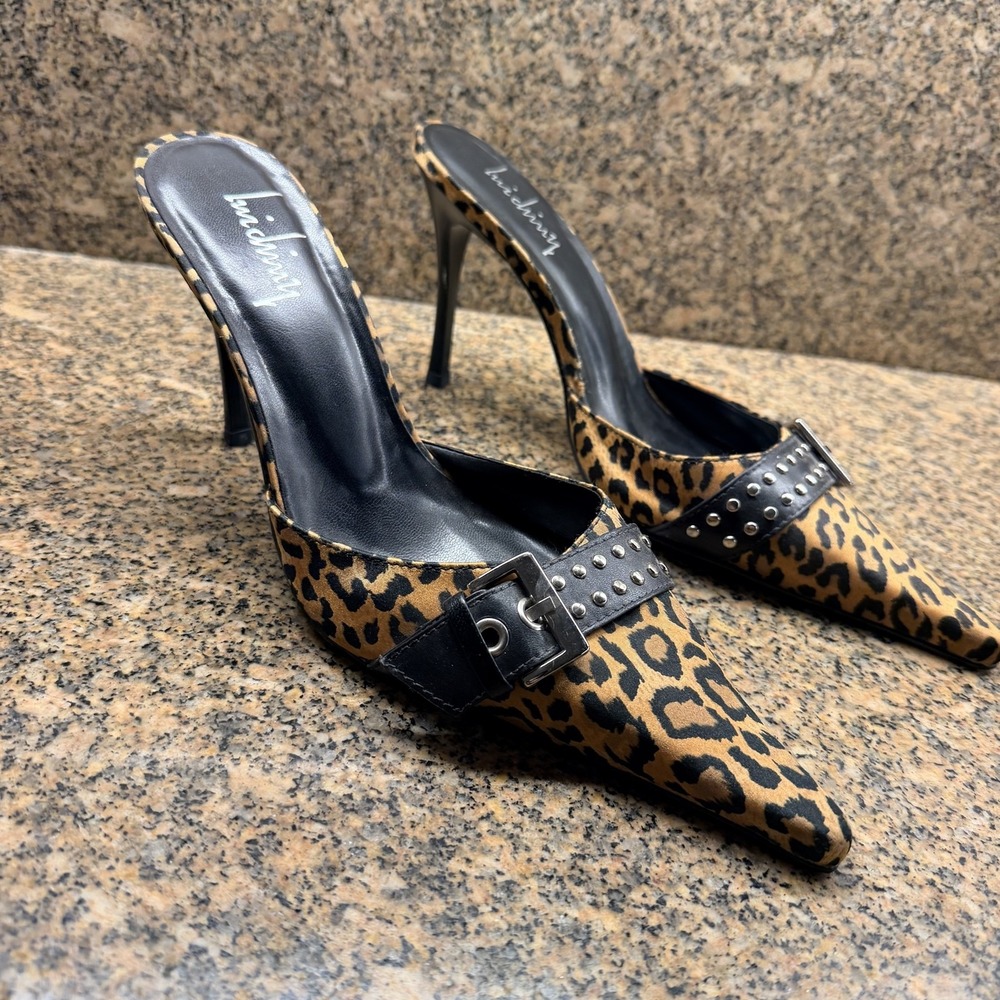 VTG Luichiny Shoes Size 10 Brown Leopard Mule Studded Buckle Stiletto Heels Y2K
